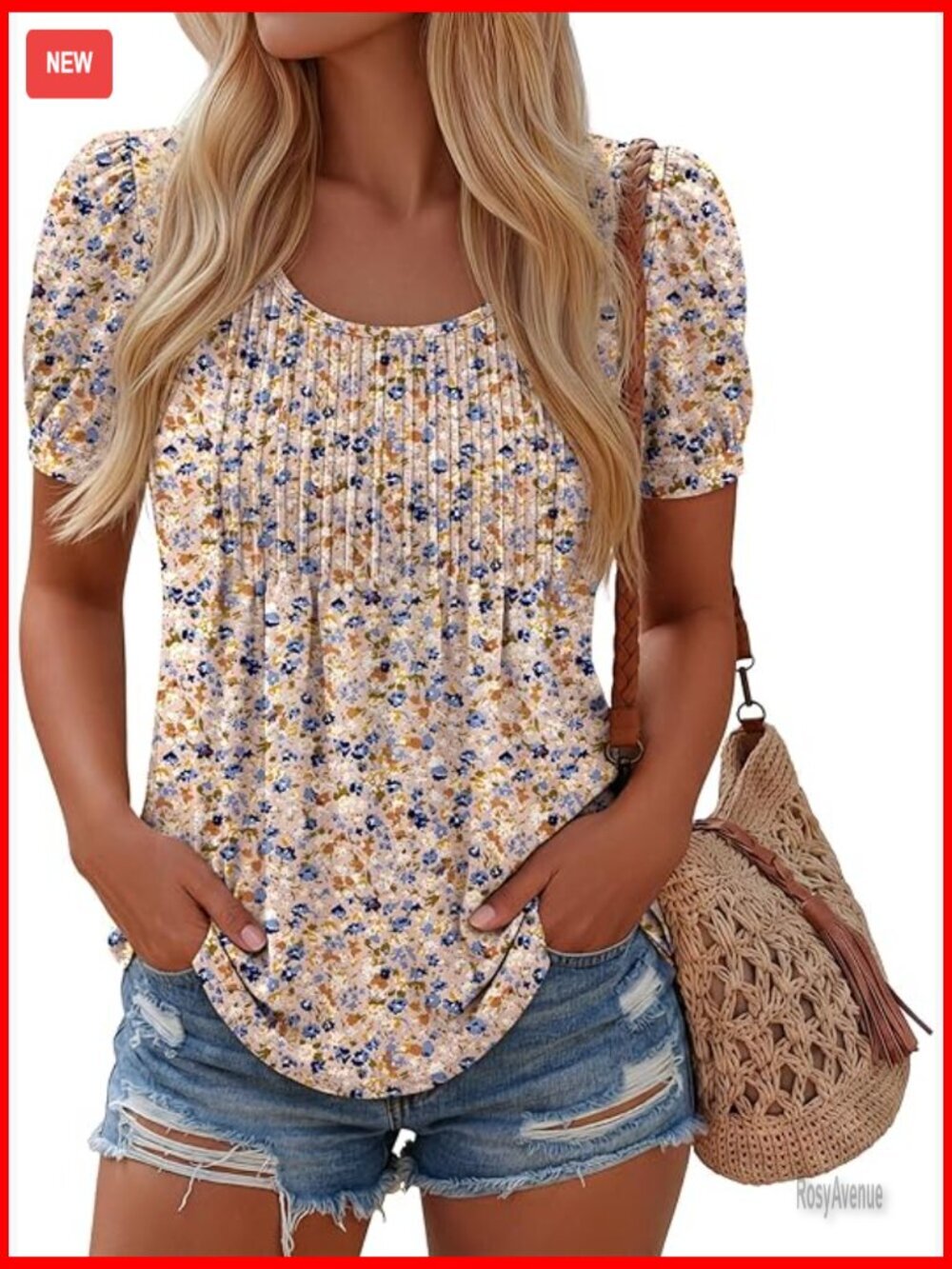 Puff Sleeve Tunic Top, Pleated Crew Neck, Boho Blouse, Loose Fit